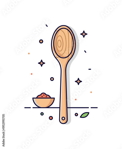 Rustic cooking utensil classic wooden spoon with subtle wood grain detail and a tiny bowl of spices nearby, conveying warmth, tradition and farmhouse kitchen