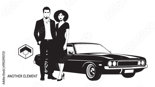 Elegant Couple Standing with Classic Vintage Car Silhouette