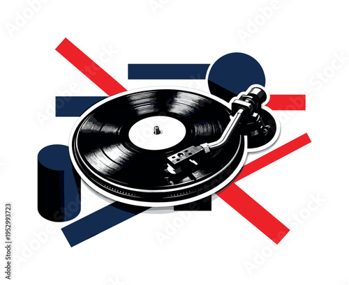 Black and white close-up of a vinyl record spinning on a classic turntable tonearm, dramatic high-contrast lighting, sharp red diagonal lines and deep navy