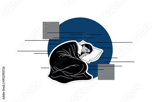 black and white sleeping human silhouette curled under a blanket as main object, retro photographic cut-out with white outline, large deep blue circle behind