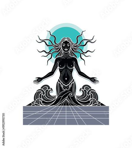 Black and white symmetrical frontal pose of sea goddess rising from stylized waves, bold aqua circular halo centered behind head, muted indigo rectangular