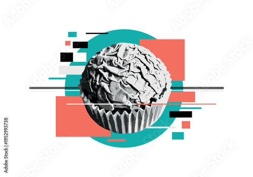 black and white cupcake wrapper texture enlarged as abstract detail, framed by teal geometric circle and coral rectangular forms, thin horizontal lines and