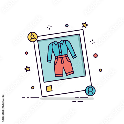 Polaroid era fashion nostalgia theme illustrated through a small instant photo frame containing a retro outfit silhouette, symbolizing memory, style evolution,