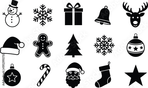 Christmas icons collection snowflake gift box santa claus tree bell reindeer holiday symbols vector illustration set winter festive design