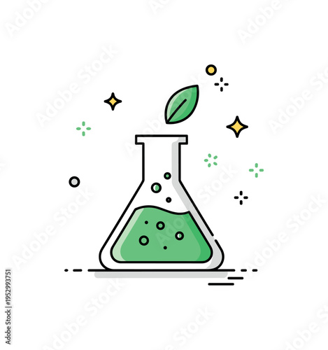 Biofuel from algae compact laboratory flask filled with green liquid and tiny leaf accent, symbolizing renewable energy innovation derived from aquatic