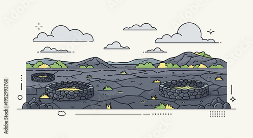 A minimalist landscape illustration featuring rocky terrain, clouds, and circular stone formations in a flat design style
