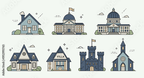 A collection of detailed house and building illustrations in a modern, flat style, suitable for architectural design themes