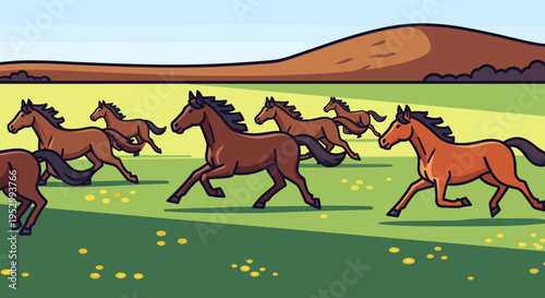 A vibrant illustration of galloping horses in a lush green field, featuring a flat design style, ideal for nature themes
