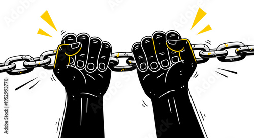 Two strong hands gripping a broken chain, depicted in a bold, modern style, symbolizing freedom and strength
