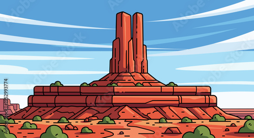 A stylized illustration of a red rock formation under a blue sky, featuring a modern flat design style
