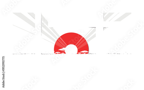 monochrome sunrise over savannah horizon with scattered trees, bold red circular halo and black abstract bars structuring composition, subtle diagonal line