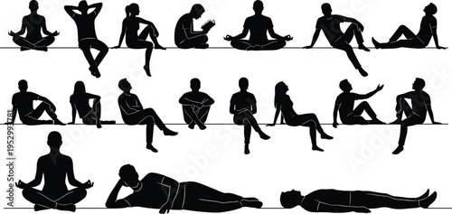 Diverse human silhouettes sitting relaxing reading meditating and resting poses collection minimalist black people figures isolated vector illustration set