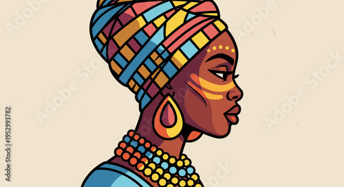 A vibrant illustration of a woman in profile, adorned with colorful headwrap and jewelry, in a modern flat style