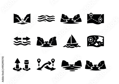 Coastal Channel. Solid icon set of Coastal Channel: narrow coastline gap, water flow lines, rocky shores, sea passage map, tidal arrows, coastal cliffs,