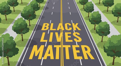 A vibrant illustration of a street with trees featuring the message 'Black Lives Matter' in bold letters, modern style