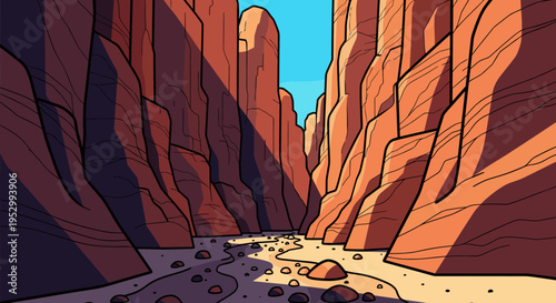 A vibrant illustration of a canyon landscape featuring towering rock formations and a winding riverbed in a flat style