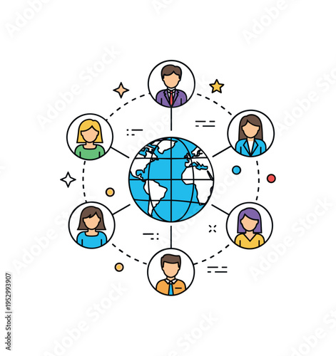 Independent contractors network concept featuring several small character icons connected by thin lines around a central globe symbol, representing global