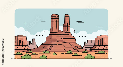 A stylized illustration of towering rock formations in a desert landscape, featuring a minimalist design and soft colors