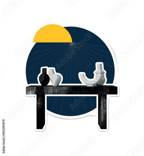 Black and white console table with textured surface and asymmetrical sculptural pieces, bold deep navy circle behind arrangement, bright yellow semicircle