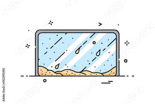 Rain streaked dirty window showing subtle water trails mixed with dust on a simple rectangular pane, symbolizing weather exposure and time. The composition