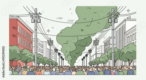 A vibrant urban scene depicting a crowd of people amidst buildings and electrical lines, in a minimalist style