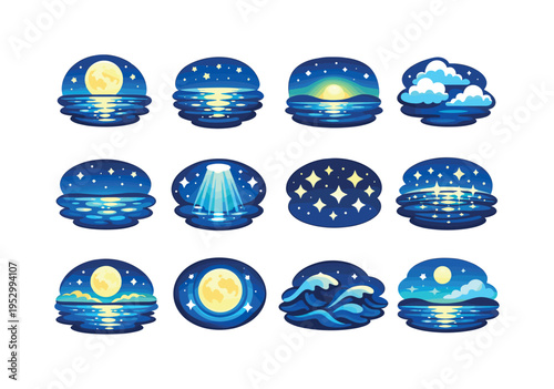 Moonlit Ocean. Colorful isometric vector icons set of Moonlit Ocean: full moon over sea, moon reflection waves, night ocean surface, glowing horizon, moonlit