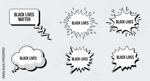 A collection of comic-style speech bubbles and bursts featuring the phrase 'Black Lives Matter' in bold typography