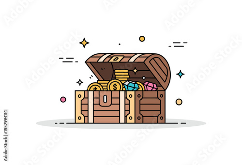 Hidden treasure chest slightly open wooden chest filled with gold coins and a few sparkling gems, expressing discovery, adventure and the thrill of unexpected