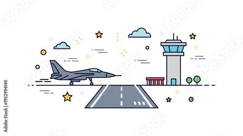 Air force base operations centered on a simple runway strip with a parked fighter jet silhouette and control tower, symbolizing readiness and aerial defense.