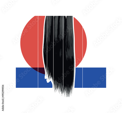 Black and white realistic long hair extension strands hanging vertically on display rack, oversized deep coral circle behind the flowing strands, bold cobalt