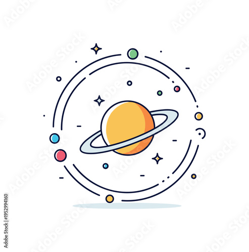 Astronomy badge ringed planet centered within a circular emblem frame with tiny sparkles, representing fascination with space science in a compact symbolic