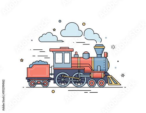 Steampunk locomotive icon featuring a compact vintage train engine with visible wheels and steam clouds, symbolizing power, progress and nineteenth century