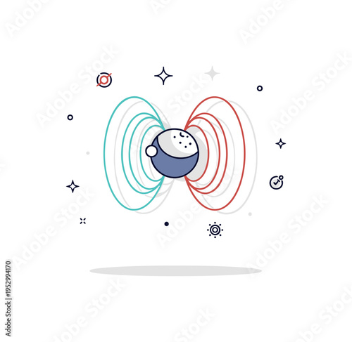 Space science infographic element showing a central sphere and surrounding wave arcs representing electromagnetic radiation from the early universe. Subtle