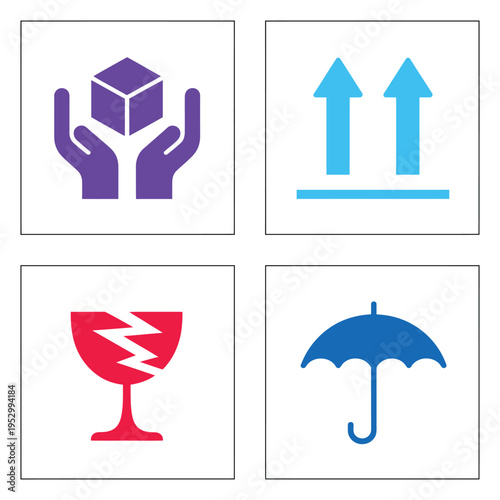 Set of four colorful packaging instruction symbols: handle with care, this side up, fragile, and keep dry