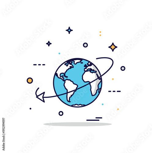 Space perspective Earth rotation scene featuring a compact globe surrounded by small star dots and a single curved motion arrow, representing cosmic scale and