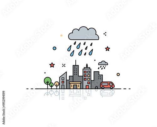 Rainy city scene with a small skyline silhouette and falling droplets representing urban atmosphere and daily life in wet weather. Subtle reflections beneath