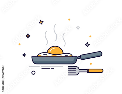 Breakfast frittata concept featuring a skillet with a bright golden egg surface and subtle steam lines rising upward, conveying warmth and freshness. A small