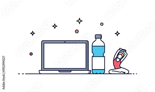 Healthy work from home routine concept illustrated by a laptop paired with a water bottle and a small stretch pose icon. The scene conveys balance, wellbeing,