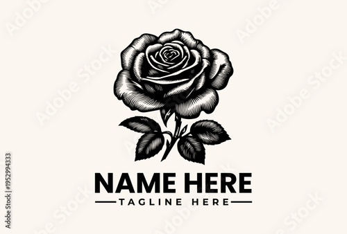A black and white illustration of a rose with leaves and a customizable text area for a name and tagline on a beige background.