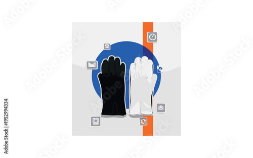 Black and white gloves folded neatly on a flat surface, vivid cobalt blue circle behind them for strong contrast, bright orange vertical accent line slicing