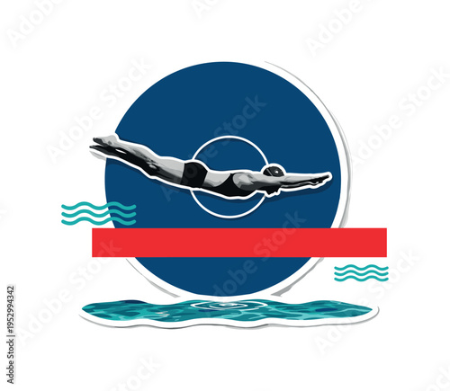 Black and white retro-style swimmer suspended mid-air above lagoon with arms extended, deep blue circular halo framing the body, sharp red rectangular block