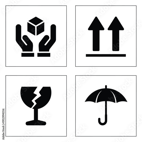 Set of four black packaging instruction symbols: handle with care, this side up, fragile, and keep dry