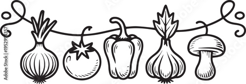 Vegetables hanging on decorative vine continuous line art vector illustration