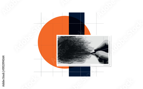 Black and white close-up of charcoal drawing in progress with visible shading texture, oversized bright orange circle behind the shaded area, deep navy