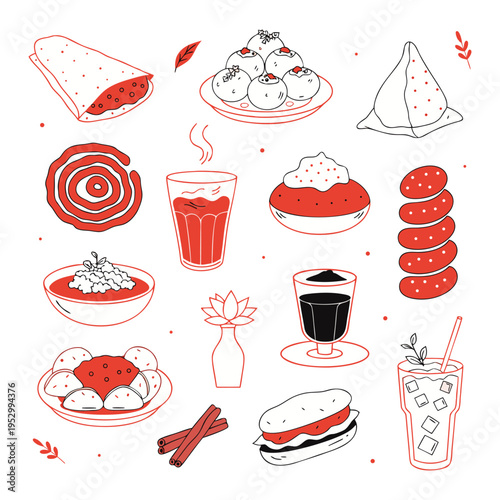 A collection of various sweet and savory food items including desserts and drinks