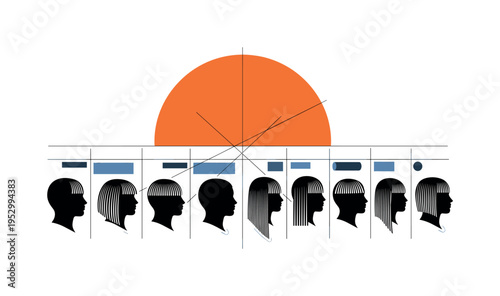 A monochrome arrangement of multiple simplified head silhouettes in profile aligned in a clean row, large flat orange semicircle anchoring the upper