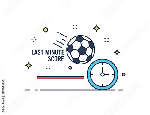 Last minute score concept showing a ball crossing the goal line beside a small clock icon symbolizing dramatic timing and high pressure performance. Clean