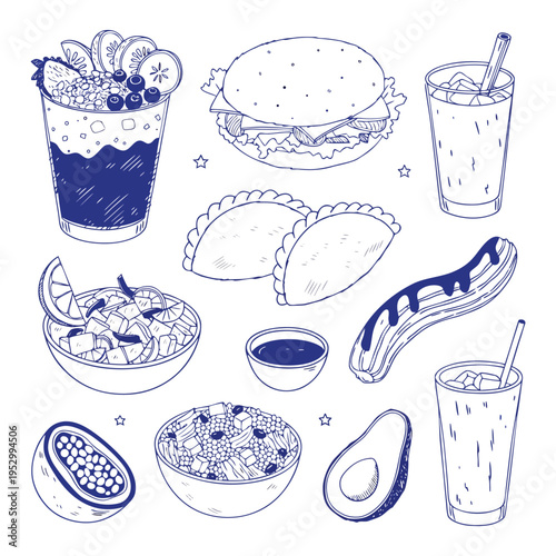 A collection of various blue and white ceramic tableware and glassware items on a plain background