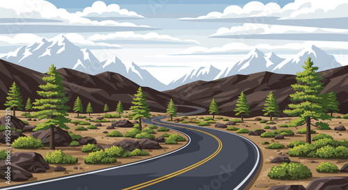 A scenic winding road through mountainous terrain, featuring lush trees and rocky landscapes in a modern flat design
