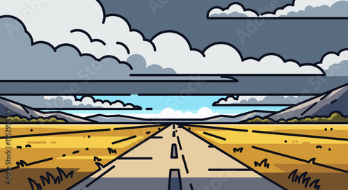 A scenic landscape featuring a wide road stretching through golden fields under a cloudy sky, in a modern flat style
